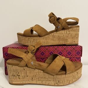 TOMS Willow Wedge Sandals Carmel Brown Suede Size 8 MSRP $89.95